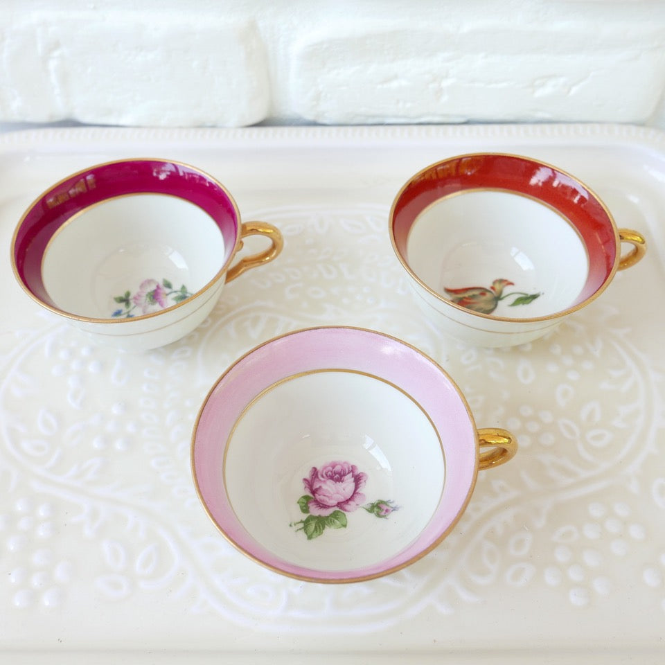 3 Tasses à Thé Limoges Porcelaine – Années 30, Art Déco, Bleu Rayé, Fait Main